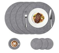 Round Placemats and Coasters Set of 4, 33cm Artificial Leather Table Mats, Waterproof Stain Resistant for Dining Table Home Kitchen(Grey)