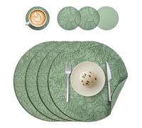 Round Placemats and Coasters Set of 4, Floral Leather Table Place Mats 34cm Dual Sided Placemats Non-Slip Heat Resistant Placemats Kitchen Coffee Table Mats Washable (Green)