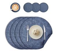 Round Placemats and Coasters Set of 4, Floral Leather Table Place Mats 34cm Dual Sided Placemats Non-Slip Heat Resistant Placemats Kitchen Coffee Table Mats Washable (Dark Blue)