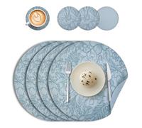 Round Placemats and Coasters Set of 4, Floral Leather Table Place Mats 34cm Dual Sided Placemats Non-Slip Heat Resistant Placemats Kitchen Coffee Table Mats Washable (Light Blue)