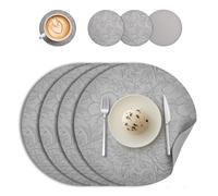 Round Placemats and Coasters Set of 4, Floral Leather Table Place Mats 34cm Dual Sided Placemats Non-Slip Heat Resistant Placemats Kitchen Coffee Table Mats Washable (Gray)
