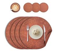 Round Placemats and Coasters Set of 4, Floral Leather Table Place Mats 34cm Dual Sided Placemats Non-Slip Heat Resistant Placemats Kitchen Coffee Table Mats Washable (Brown)