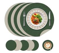 Round Placemats and Coasters Set of 6,38 Cm Dual Sided Non-Slip and Waterproof Kitchen Place Mats,Heat Resistant Reusable Table Mats for Kitchen, Restaurant, Dining Table(Green + Grey)