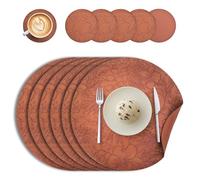 Round Placemats and Coasters Set of 6, Floral Leather Table Place Mats 34cm Dual Sided Placemats Non-Slip Heat Resistant Placemats Kitchen Coffee Table Mats Washable (Brown)