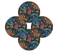 Round Placemats Set of 4, Fish Wave Japanese Heat Resistant Washable Table Mats, 15" Non Slip Wipeable Place Mats for Kitchen Dining Holiday Party Table Decor, Indoor & Outdoor Use