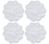 Round Placemats, White 8 Inch Crochet Doilies, 20cm Cotton Handmade Lace, 4 Pack for Vintage Home, Cup, Bowl Décor