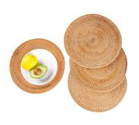 Round Placemats Woven Set Of 4 Weave Rattan Coasters Braided Straw Place Mats Heat Non-Slip For Dining, Kitchen(13cm)