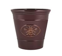Round Plastic Bee Embossed Plant Pots, Saucers Long Lasting Flower Garden Indoor Outdoor Drainage Holes Planter Cover Weather, Frost Proof Glossy Effect (30cm Brown Planter)