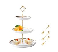 Round Porcelain Tiered Cupcake Stand 3 Tier, Dessert Rack with Three Forks | for Party Service Tray, Tea Party, Wedding, Fruit Pastry Rack Birthday Service Tray (White)