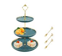 Round Porcelain Tiered Cupcake Stand 3 Tier, Layered Dessert Rack with Three Forks for Party Service Tray, Tea Party, Wedding, Fruit Pastry Rack Birthday Service Tray (Green)