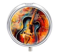 Round Portable Pill Dispenser, Beautifully Abstract Watercolor Guitar Printed Travel Medication Organizer 3 Compartment Medicine Storage Box with Mirror