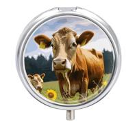 Round Portable Pill Dispenser, Beautifully Animal Brown Cow Printed Travel Medication Organizer 3 Compartment Medicine Storage Box with Mirror