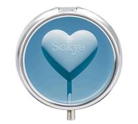 Round Portable Pill Dispenser, Beautifully Blue Heart Printed Travel Medication Organizer 3 Compartment Medicine Storage Box with Mirror