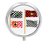 Round Portable Pill Dispenser, Beautifully Checkered Flags Race Flags Printed Travel Medication Organizer 3 Compartment Medicine Storage Box with Mirror