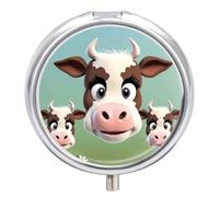 Round Portable Pill Dispenser, Beautifully Cute Cow Printed Travel Medication Organizer 3 Compartment Medicine Storage Box with Mirror