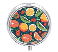 Round Portable Pill Dispenser, Beautifully Fruits Pattern Printed Travel Medication Organizer 3 Compartment Medicine Storage Box with Mirror