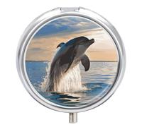 Round Portable Pill Dispenser, Beautifully Funny Animal Dolphin Printed Travel Medication Organizer 3 Compartment Medicine Storage Box with Mirror
