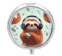 Round Portable Pill Dispenser, Beautifully Funny Cute Animal Sloth Music Printed Travel Medication Organizer 3 Compartment Medicine Storage Box with Mirror