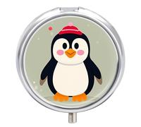Round Portable Pill Dispenser, Beautifully Happy Penguin Printed Travel Medication Organizer 3 Compartment Medicine Storage Box with Mirror