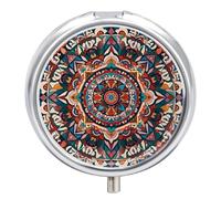Round Portable Pill Dispenser, Beautifully Mandala Tapestry Printed Travel Medication Organizer 3 Compartment Medicine Storage Box with Mirror