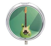 Round Portable Pill Dispenser, Beautifully Music Green Guitar Printed Travel Medication Organizer 3 Compartment Medicine Storage Box with Mirror