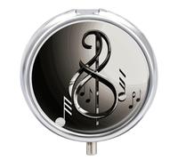 Round Portable Pill Dispenser, Beautifully Music Symbol Printed Travel Medication Organizer 3 Compartment Medicine Storage Box with Mirror