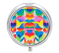 Round Portable Pill Dispenser, Beautifully Rainbow Hearts Pattern Printed Travel Medication Organizer 3 Compartment Medicine Storage Box with Mirror