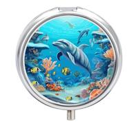 Round Portable Pill Dispenser, Beautifully Seabed Coral Fish Dolphins Printed Travel Medication Organizer 3 Compartment Medicine Storage Box with Mirror
