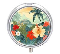 Round Portable Pill Dispenser, Beautifully Summer Hawaiian Printed Travel Medication Organizer 3 Compartment Medicine Storage Box with Mirror