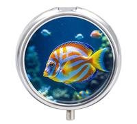 Round Portable Pill Dispenser, Beautifully The Underwater World Tropical Fish Printed Travel Medication Organizer 3 Compartment Medicine Storage Box with Mirror