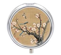 Round Portable Pill Dispenser, Beautifully Traditional Chinese Painting Bird on Plum Tree Romantic Printed Travel Medication Organizer 3 Compartment Medicine Storage Box with Mirror