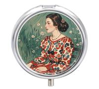 Round Portable Pill Dispenser, Beautifully Traditional Elegant Ladies Printed Travel Medication Organizer 3 Compartment Medicine Storage Box with Mirror