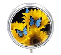 Round Portable Pill Dispenser, Beautifully Yellow Sunflowers with Blue Butterflies Printed Travel Medication Organizer 3 Compartment Medicine Storage Box with Mirror