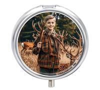 Round Portable Pill Dispenser, Beautifully Youth Deer Hunting Theme Printed Travel Medication Organizer 3 Compartment Medicine Storage Box with Mirror