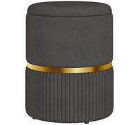 Round Pouffe Grey Velvet Polyester 36x36x44cm Storage Footstool with Gold Accent