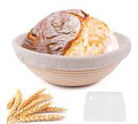Round Proofing Basket Made of Natural Wicker Cane, Diameter 25 cm, Round Proofing Basket for Bread Baking - Set with Dough Scraper for 1Kg Bread, Whole Grain Bread, and Sourdough Bread