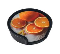 Round PU Leather Fresh Orange Fruit Print Coasters Set of 6 with Storage Box for Kitchen Office Dining Table