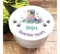 Round Pug Dog Good Boy Girl Paw Prints Personalised Treat Biscuit Tin Personalised Gift | Custom Gift | Personalized Tin | Personalised Tins | Gift For Her | Gift For Him