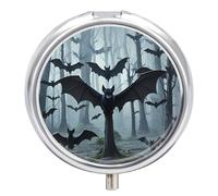 Round Purple Black Goth Spooky Bat Pill Box Small Pill Case with 3 Compartment Portable Metal Medicine Organizer Mini Travel Medicine Vitamin Supplement Container for Pocket Purse