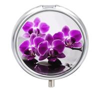 Round Purple Butterfly Orchid Pill Box Small Pill Case with 3 Compartment Portable Metal Medicine Organizer Mini Travel Medicine Vitamin Supplement Container for Pocket Purse