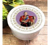 Round Purple Gold Text King Charles III Coronation Souvenir Tin Personalised Gift | Custom Gift | Personalized Tin | Personalised Tins | Gift For Her | Gift For Him