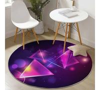 Round Purple Rug for Living Room and Bedroom, 60 cm Washable Short Pile Carpet with Futuristic Triangle Neon Pattern, Soft Circle Carpet, Anti-Slip Room Decor