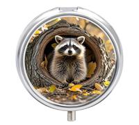 Round Raccoon in The Fall Tree Hole Pill Box Small Pill Case with 3 Compartment Portable Metal Medicine Organizer Mini Travel Medicine Vitamin Supplement Container for Pocket Purse