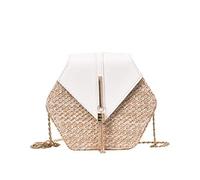 Round Rattan Basket Bag Handmade Weave Shoulder Bag Summer Beach Shoulder Bag Boho Style with Tassel Decor (White)