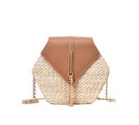Round Rattan Basket Bag Handmade Weave Shoulder Bag Summer Beach Shoulder Bag Boho Style with Tassel Decor (Brown)
