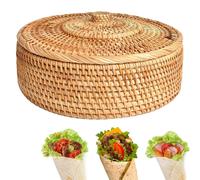 Round Rattan Boxes with Lid Hand-Woven Multi-Purpose Wicker Tray 10.2Inch Picnic Food Bread Table Storage Basket