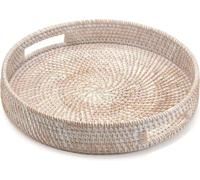 Round Rattan Coffee Table Tray 14" Farmhouse Sle Woven Serving Basket for Breakfast Tea ac FruitsWhitewash Home Decor nizer