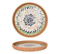Round Rattan Serving Tray, Mother Pearl Inlay Wooden Trays, Hand Woven Decorative Tray, Woven Storage Platter for Bread Fruit Food Coffee Breakfast, Storage and Display, 30 cm (Turkish)