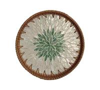 Round Rattan Serving Tray with Mother of Pearl Inlay, Hand Woven Mosaic Tray with Wood Base for Coffee Table, Decorative Wicker Lacquer Tray Food Basket