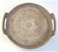 Round Rattan Serving Trays with Handles, White Wash, Woven Boho Coffee Table Display - 3 Sizes (Medium (40cm))